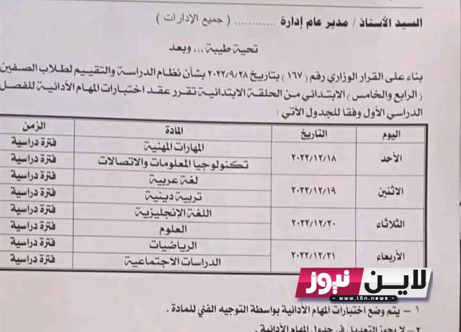 جدول المهام الادائية للصف الرابع والخامس الابتدائي 2023 لجميع المحافظات