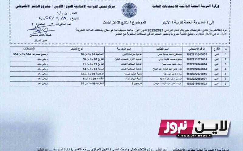 “برابط مباشر” نتائج اعتراضات السادس الاعدادي 2023 العراق الدور الاول PDF بالرقم الامتحاني عبر موقع وزارة التربية العراقية